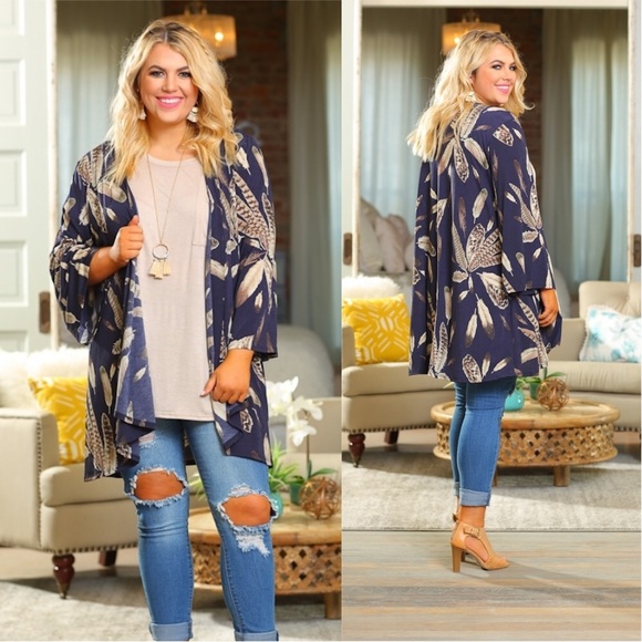 PLUS Navy Feather Print Kimono - Picture 2 of 4